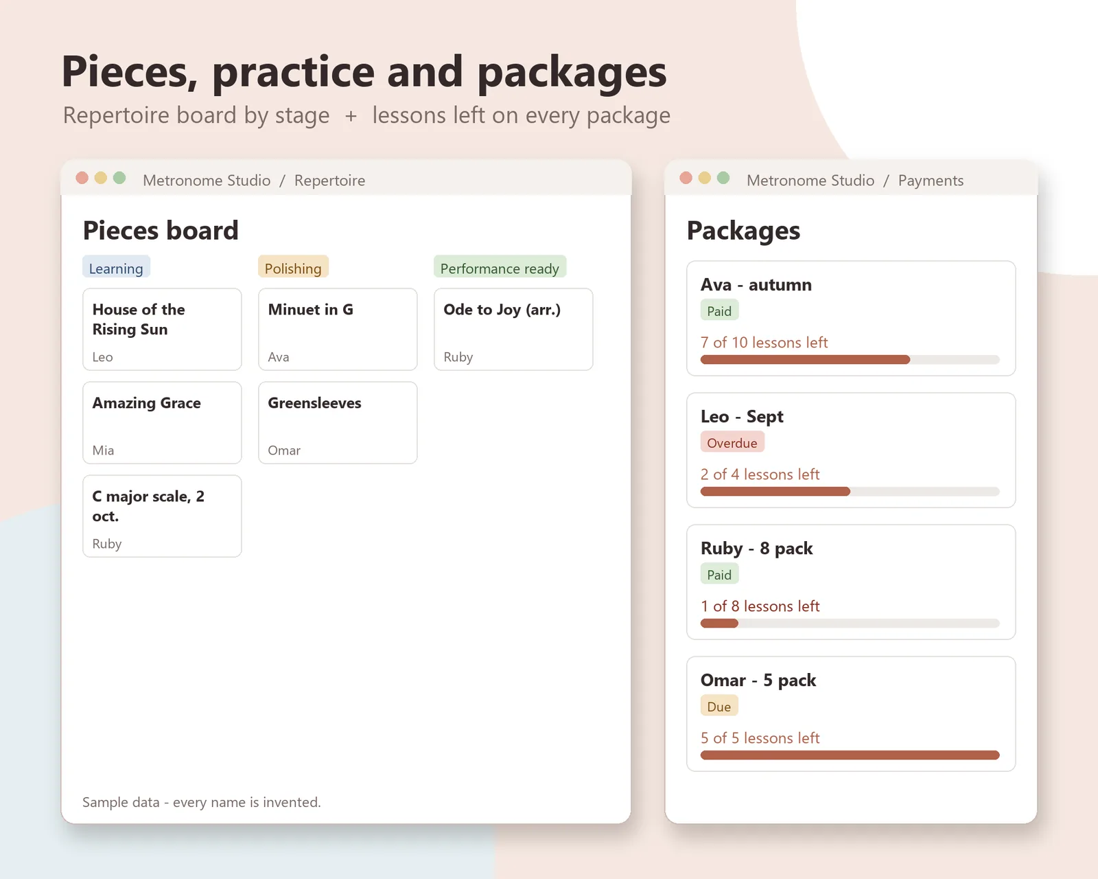 Lessons log and repertoire, side by side